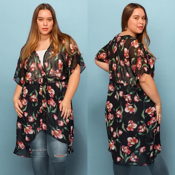 Plus Size Sheer Floral Beach Swim Kimono Cover-Up - Picture 5 of 7